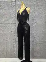 Combinaison moulante sans manches pour femmes, couleur noire, Sexy, col en v, glands brillants, tenue de scène pour fête d'anniversaire, performance 2