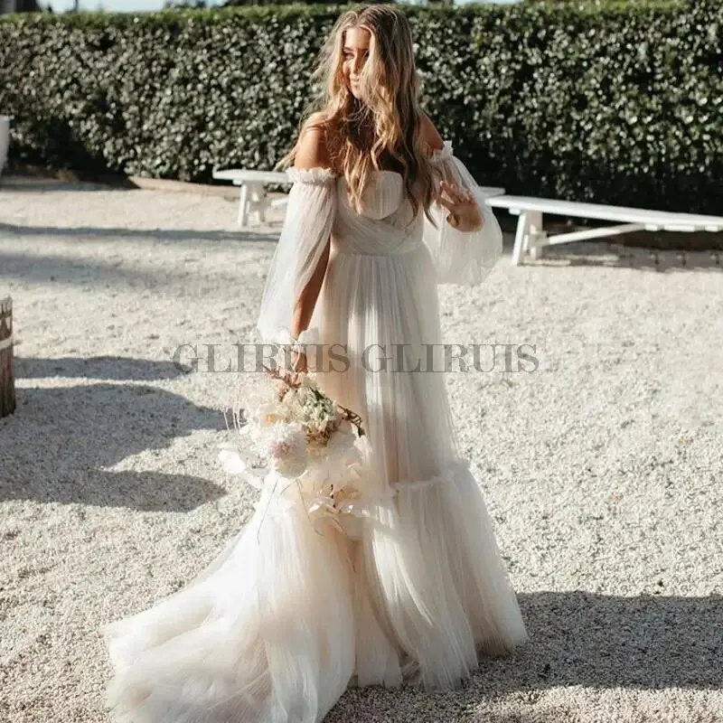 

New Designer Romantic Beach Wedding Dress Women Summer Fairy Boho Bridal Dresses Puff Long Sleeve Wedding Gowns Tulle