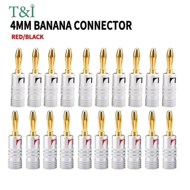 20 ชิ้น/10 คู่ ขั้วต่อแบบกล้วย 4 มม. ชุบทอง 24K พร้อมสกรูล็อค สำหรับแจ็คเสียง ลำโพง สีดำและสีแดง 1