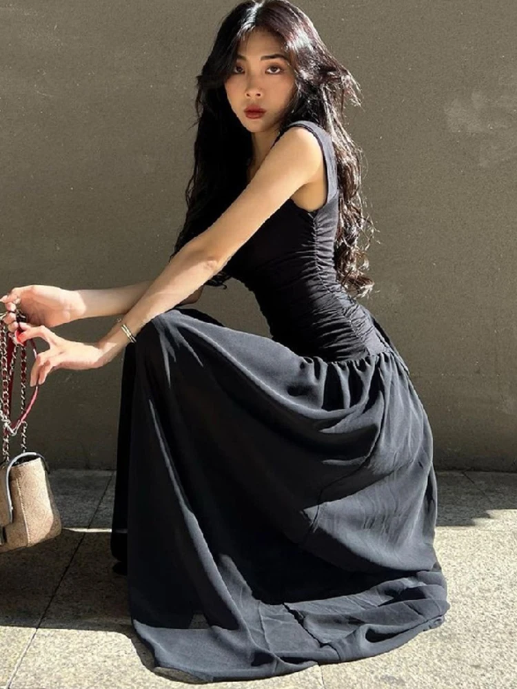 

High Waist Sleeveless Midi Dress Women Summer Slim A Line Camis Dress Gothic Black Pleated Party Night Dress 2023 Fashion Y2k