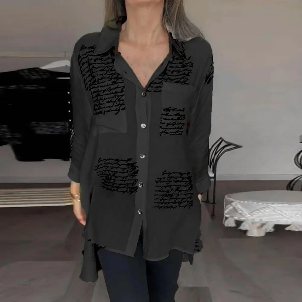 

Women Long-sleeve Shirt Stylish Women's Spring Shirt with Long Sleeve Irregular Hem Chic Letter Print Blouse for Spring/autumn