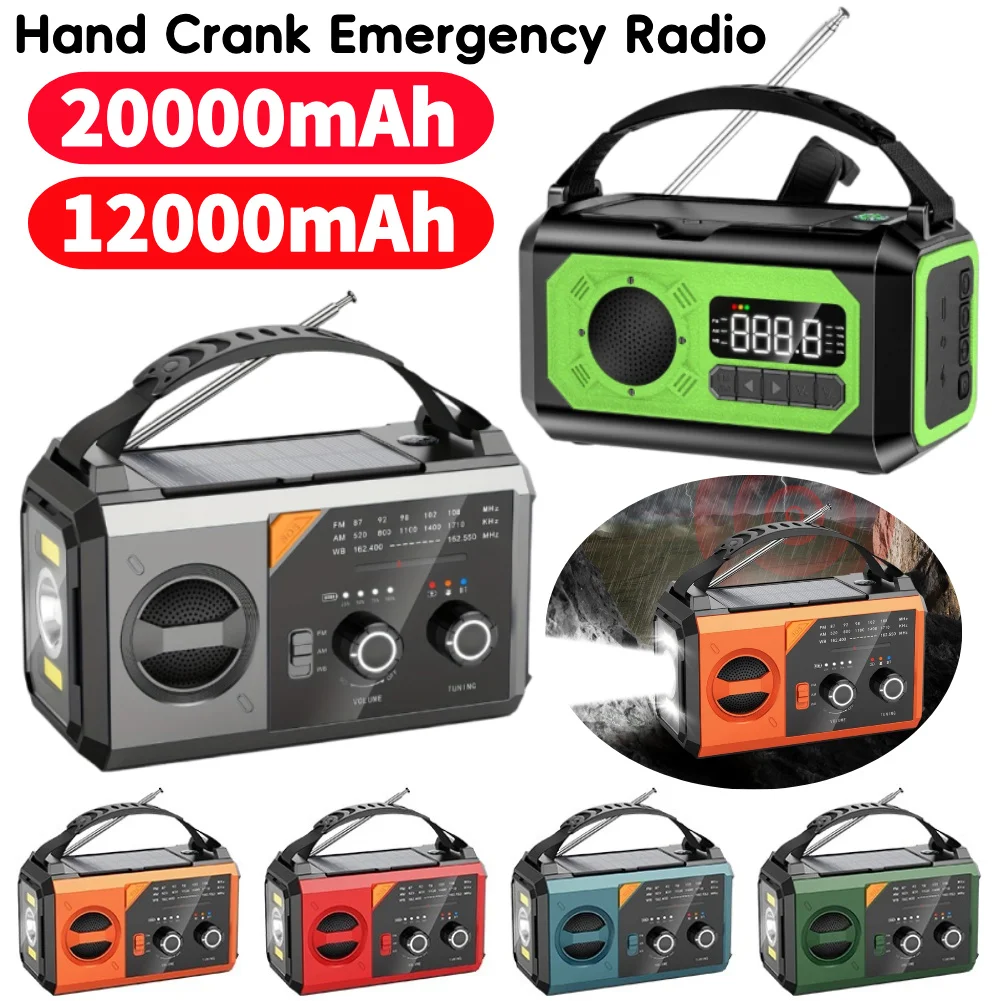 Emergency Weather Radio With Hand Crank & Solar - 20000mAh Power Bank, NOAA Alerts, Flashlight, SOS, FM/AM/SW