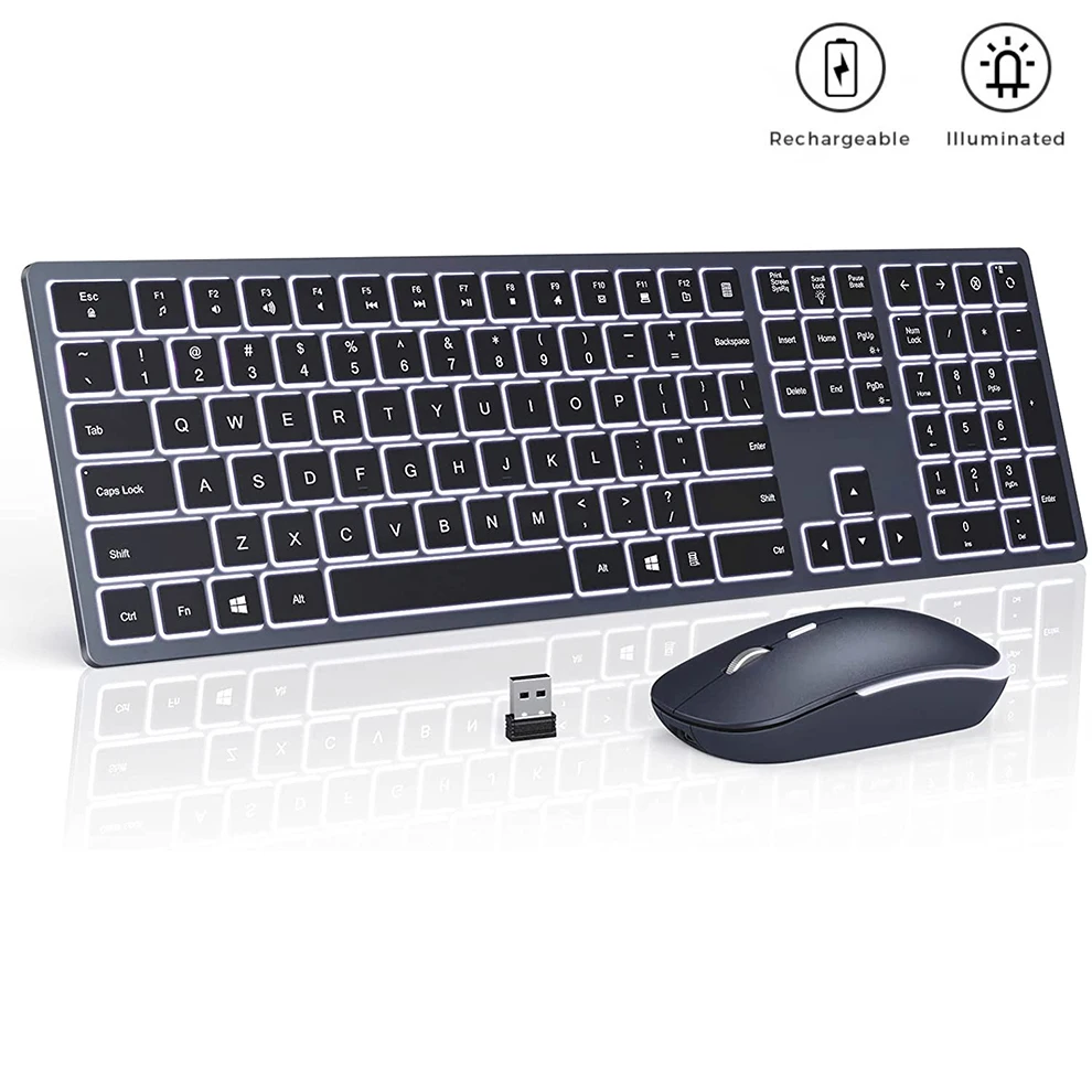 Tastiera E Mouse Retroilluminati Wireless Combo Tastiera E Mouse Ricaricabili Set Tastiera E Mouse 2.4G Per Computer Windows, Laptop