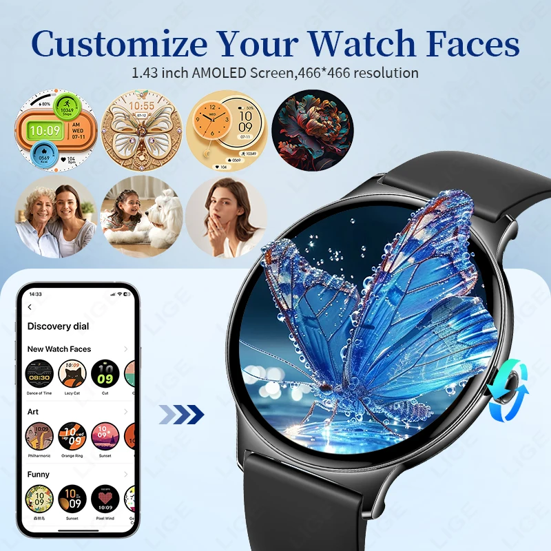 LIGE AMOLED Screen Healt Smart Watch Women Sports Fitness Watch Men Waterproof Smart Watch Bluetooth Call For Android iOS Phones 6