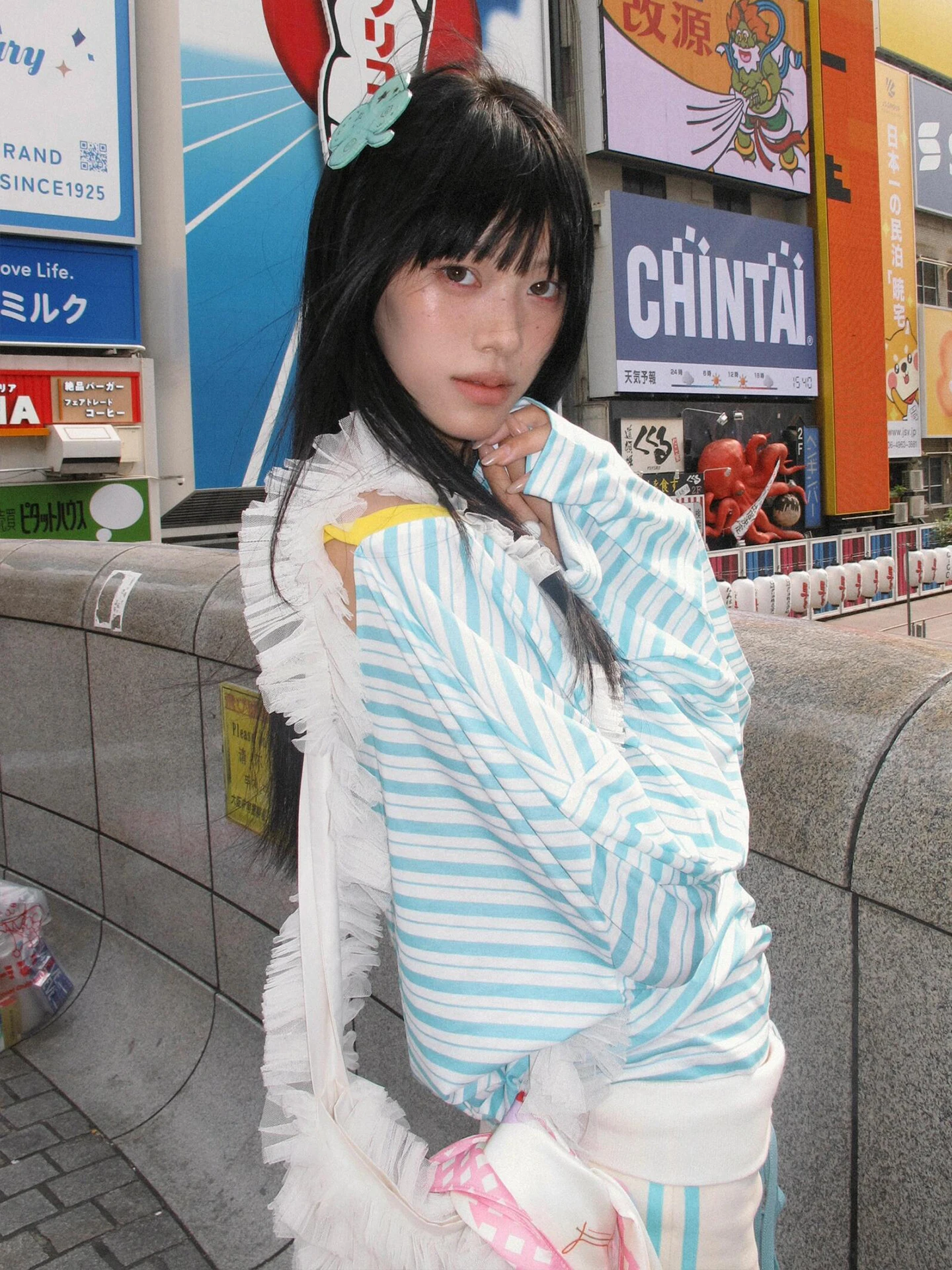 Tonngirls Japanese Y2k Blue Striped T-shirt Women V-neck Long Sleeve T Shirt Vintage Off Shoulder Loose Tee Tops 2000s Korean 5