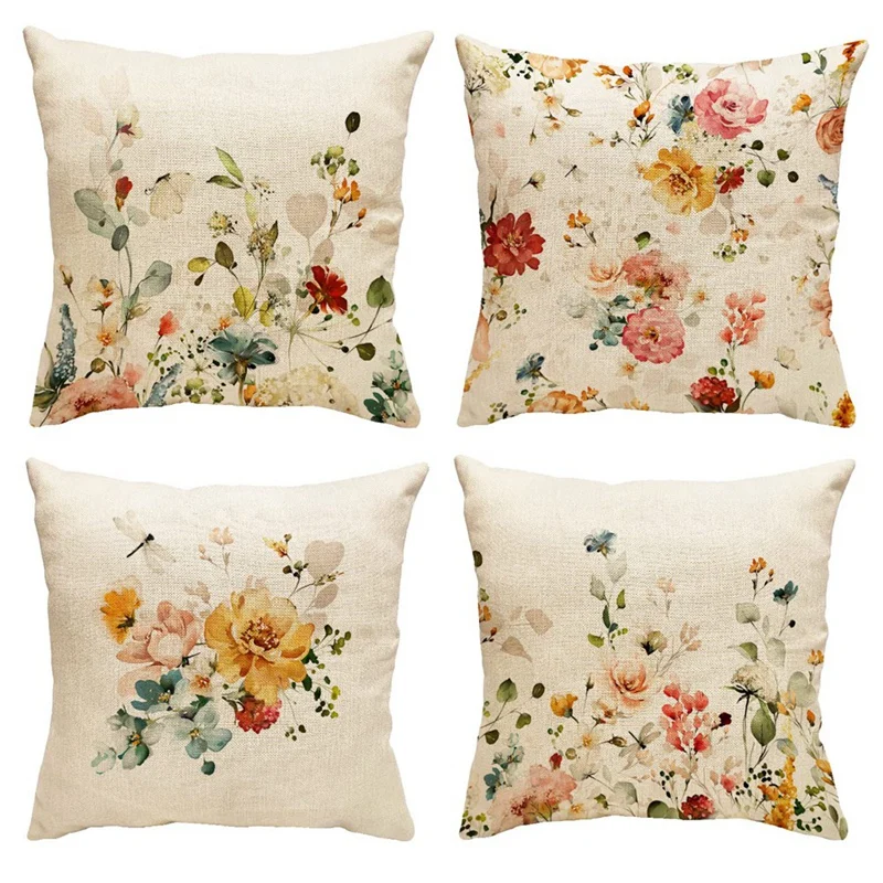 

Sofa Pillowcase 18X18 Set Of 4 Farmhouse Throw Pillow Spring Decorations Floral Cushion Case For Home Decor