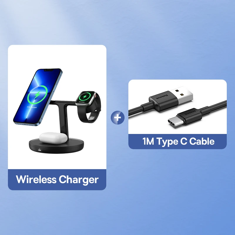 thumbnail image 1 of Baseus - Soporte de carga inalámbrica magnética 3 en 1 de 20 W para iPhone 16, 15, 14 Pro, Airpods, Apple Watch, soporte de estación de carga rápida para teléfono, 1 of 5