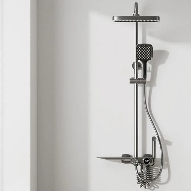 Waterfall Bathroom Shower Faucet Set Hot and Cold LED Display Shower System Set with Shelf Function Restroom Shower Accessories
