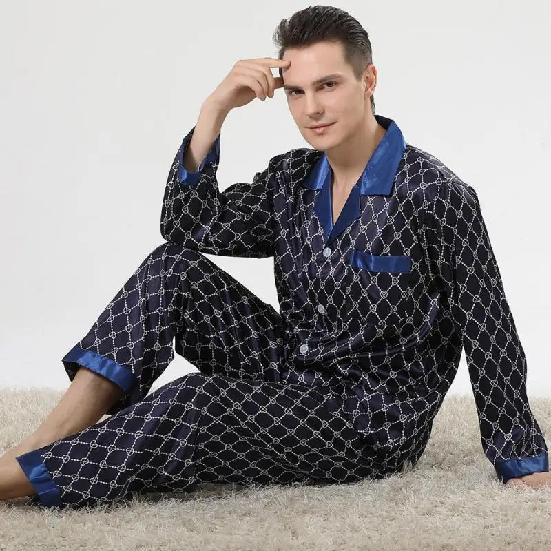 

Long Sleeve Men Pajamas Set Satin Lapel Shirt&Pants Silky 2PCS Sleepwear Male Sleep Set Casual Pijamas Suit Home Clothes