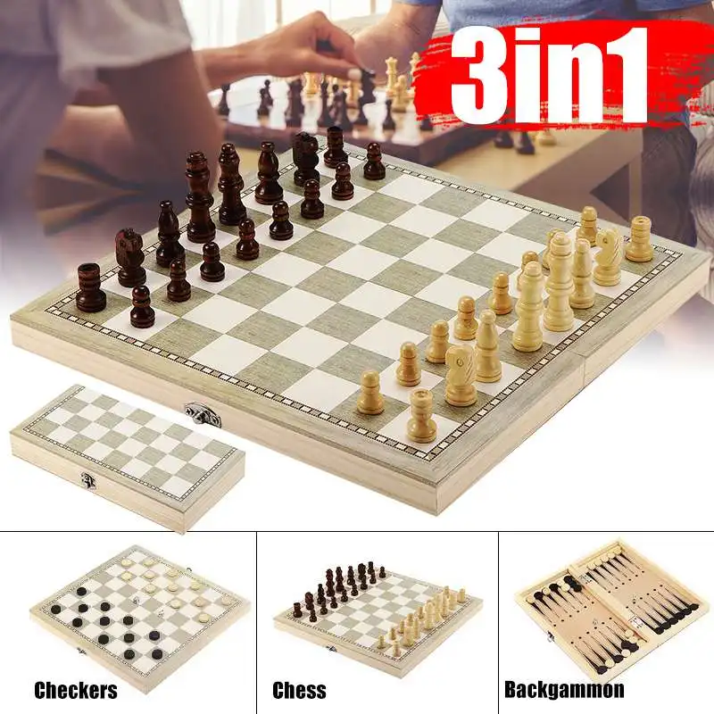 3 in 1 Foldable Wooden Board Game Set Travel Games Chess Backgammon Draughts 