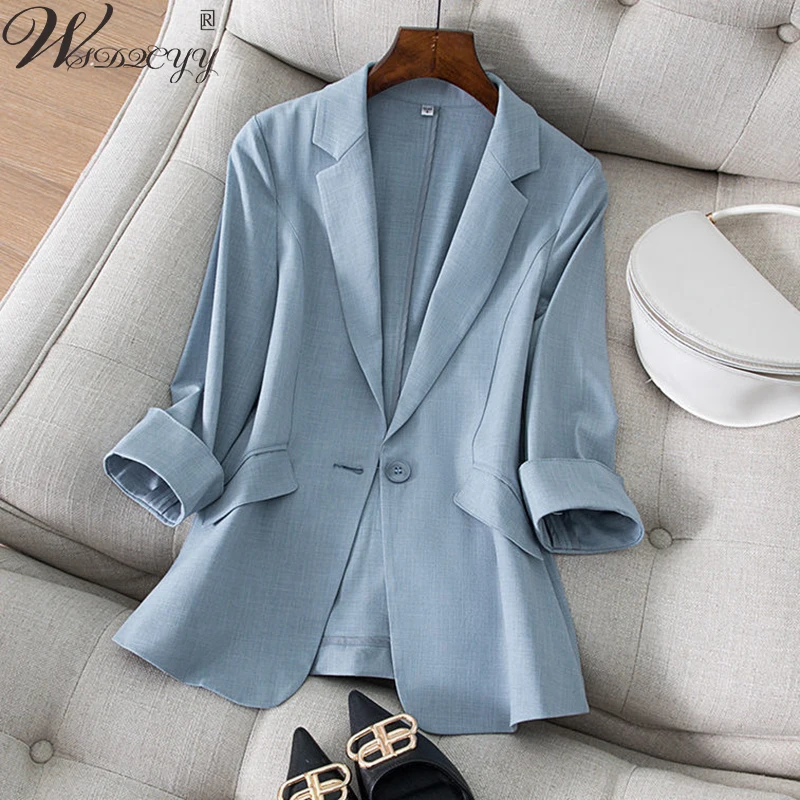 

Vintage Suit Jacket Women Spring Summer Thin Three Quarter Sleeve Blazer Plus Size Solid Colors Outwear Office Lady Casual Tops