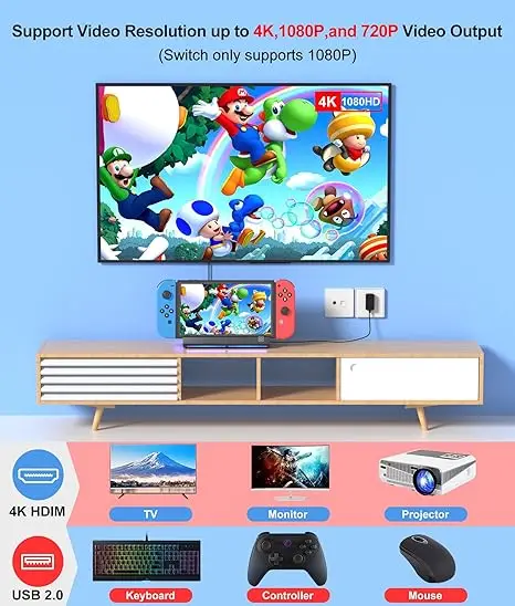 Nintendo Switch/Nintendo Switch OLED Dock(4K HDMI 어댑터/USB 2.0/Type-C 포트 포함)용 휴대용 도킹 스테이션 스위치
