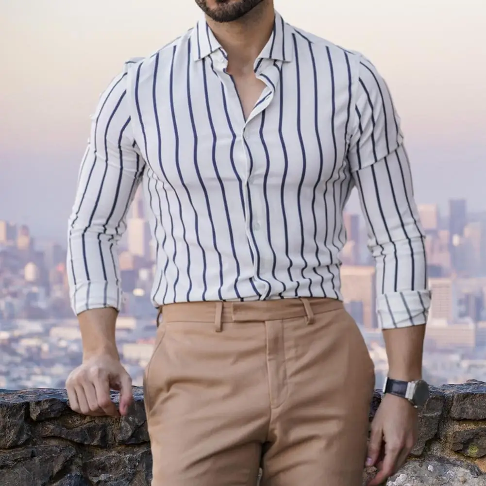 

Long Sleeve Shirt Men Slim Fit Shirt Stylish Men's Striped Print Business Shirt Slim Fit Long Sleeves Turn-down for Formal