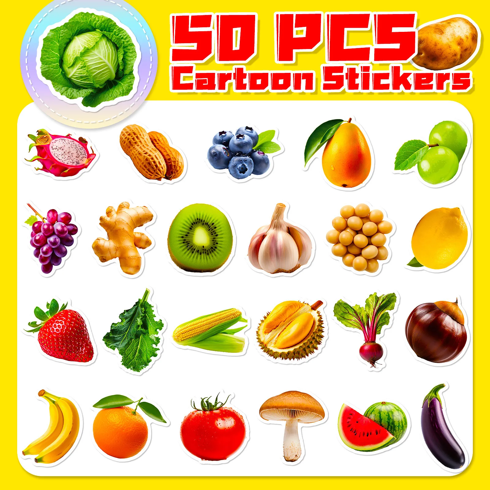 50PCS 생생한 과일 및 야채 포도 체리 당근 브로콜리 스티커 팩 노트북 전화에 대 한 방수 비닐 스티커