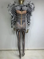 High Street Zebra Stripes Tight Jumpsuit Nightclub Performance Dance Singer Costume Sexy Long Sleeve Two Pieces Women's Outfit - Image 3