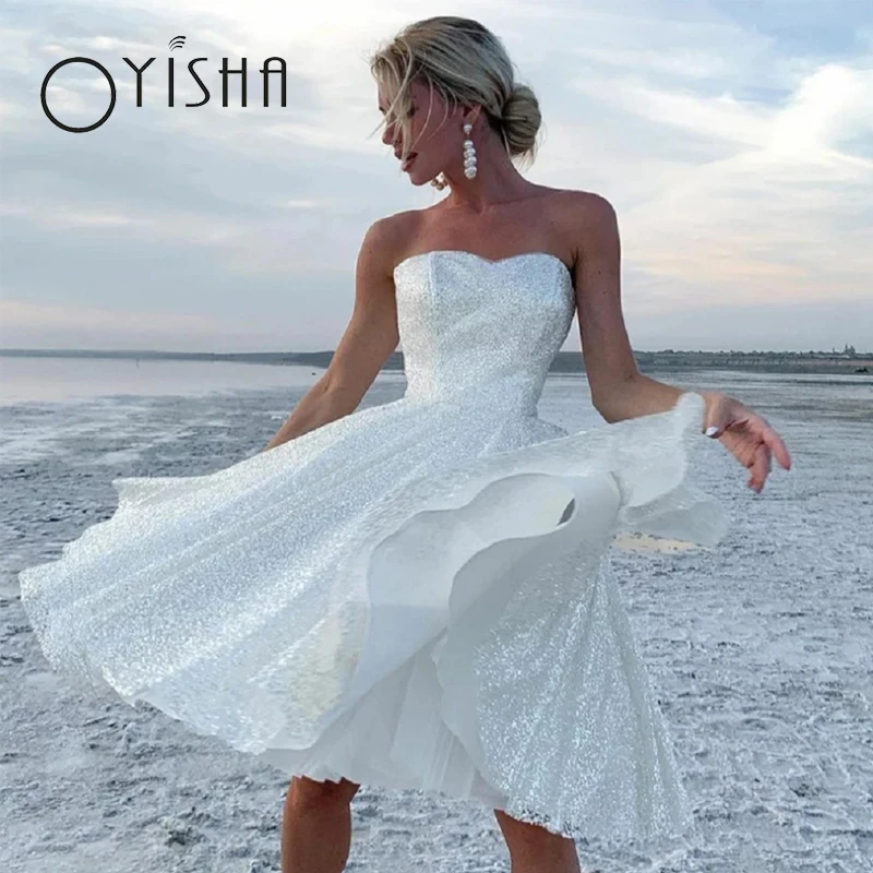 

OYISHA Delicate Short Tulle Wedding Dress For Bride Sexy Strapless Beach Bridal Gown Shiny Sequined Sweetheart vestidos de noiva
