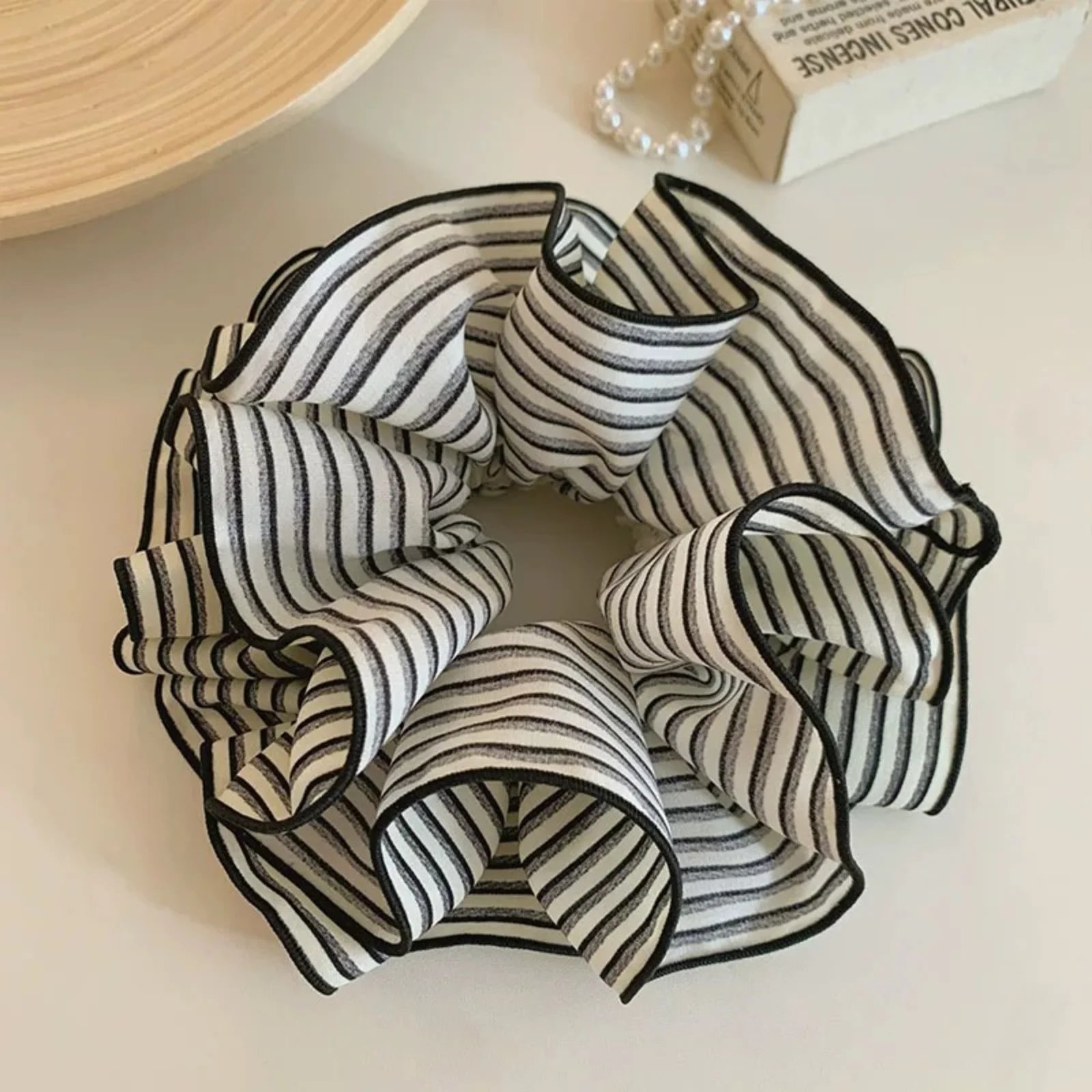 1PC Large Striped Hair Scrunchie with Ruffled Edges, Chic Black and White Hair Tie, Stylish Hair Accessory for Women