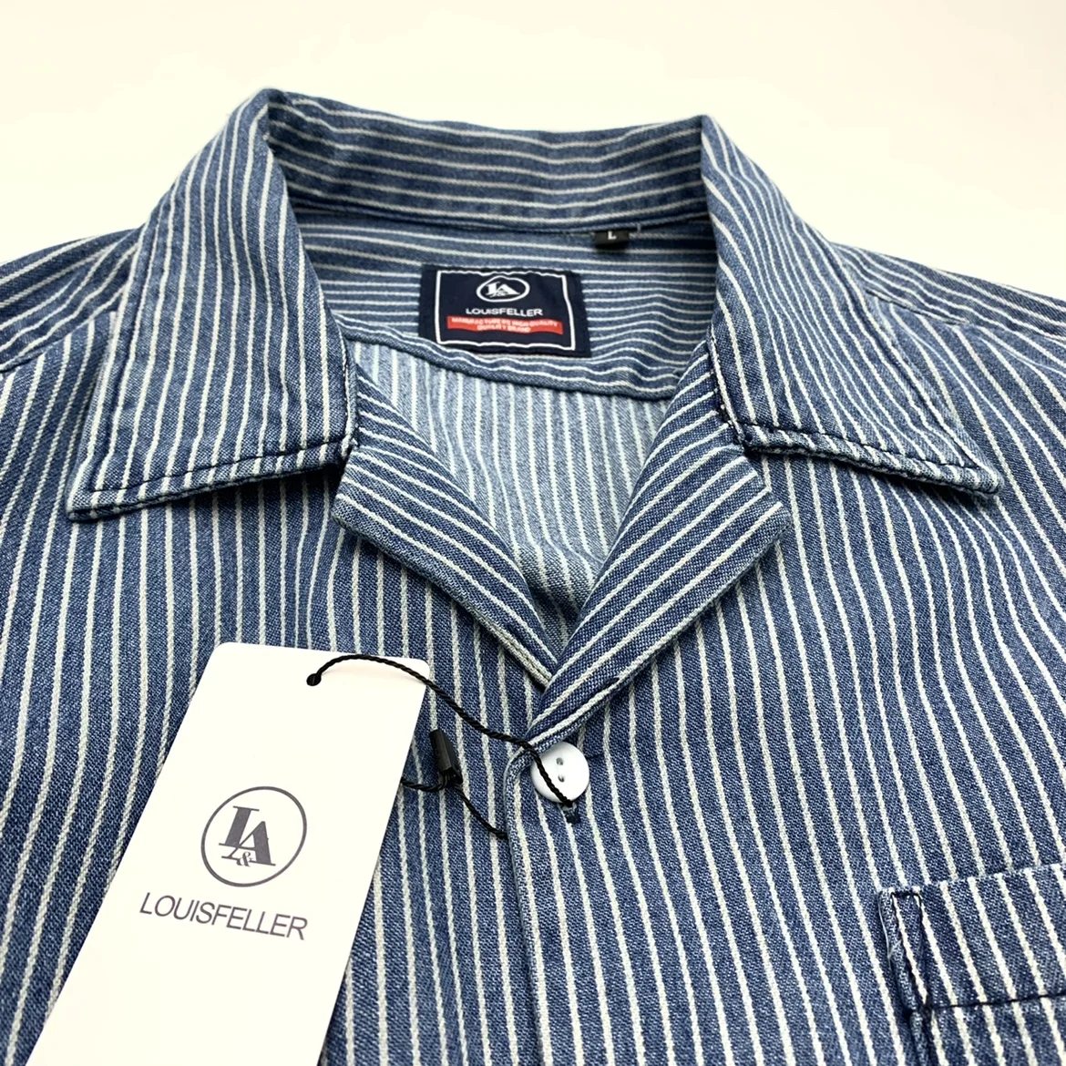 Cotton Amekaji American Vintage Striped Short Sleeve Shirt Men Cuban Neck Denim Shirt Retro Casual Hong Kong Male Tops