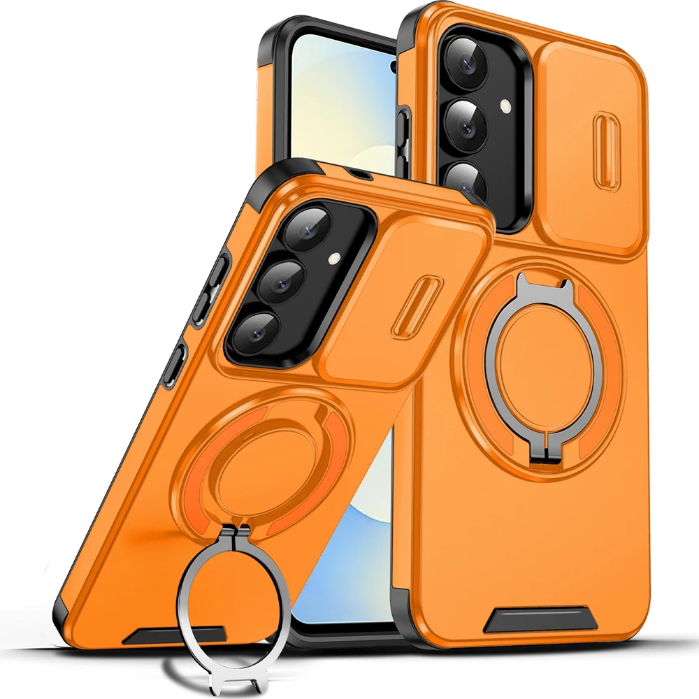 Shockproof Armor Phone Case with Slide Lens Protection and Ring Holder