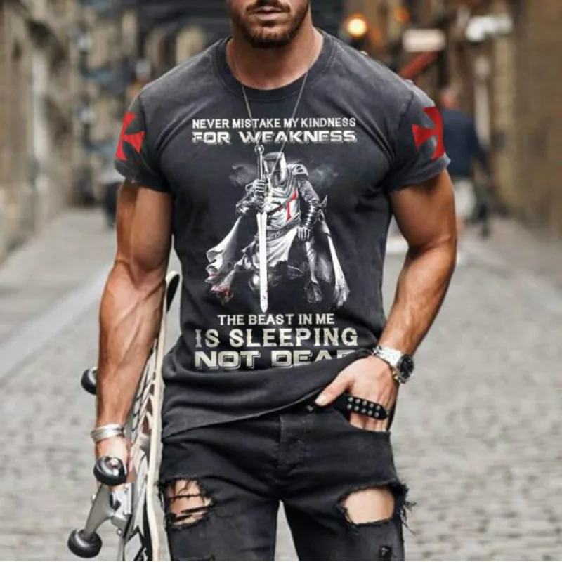 Summer Men's Fashion Street Versatile Top 3D Knights Templar Print T-Shirt Casual Round Neck Fitness Shirt