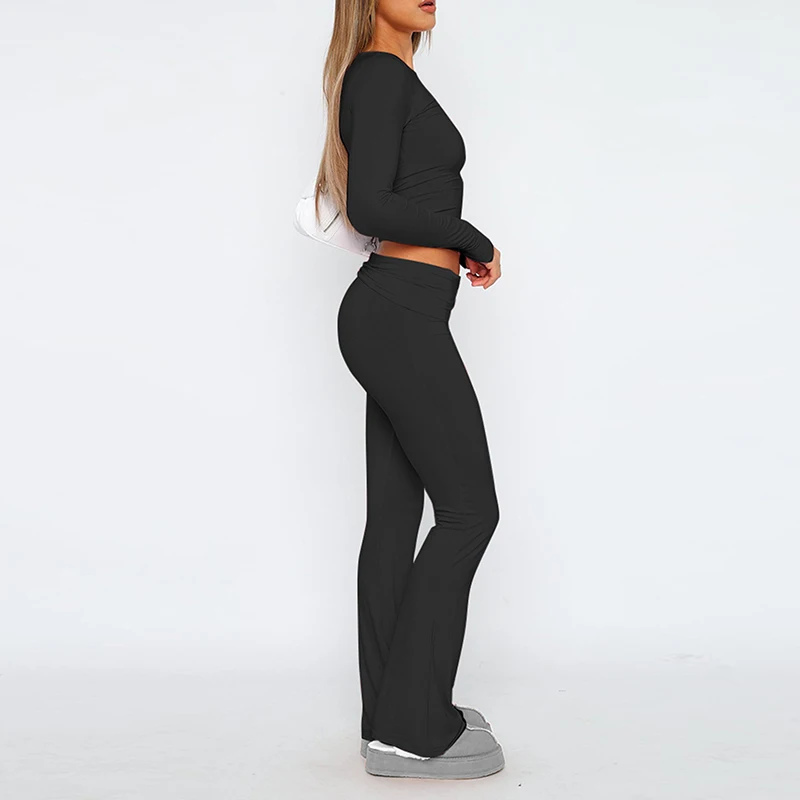 Women's Cotton 2 Piece Loungewear Fold-over Yoga Pants Set Long Sleeve Cropped Top Casual Outfits Pajamas Two Piece Sets