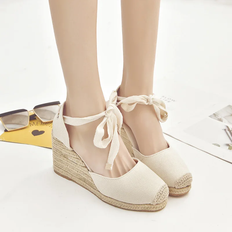 

2023 Summer Women's Chunky Heel Simple Espadrilles Wedge Heels Ankle Strap Platform Sandals Ladies High Heels