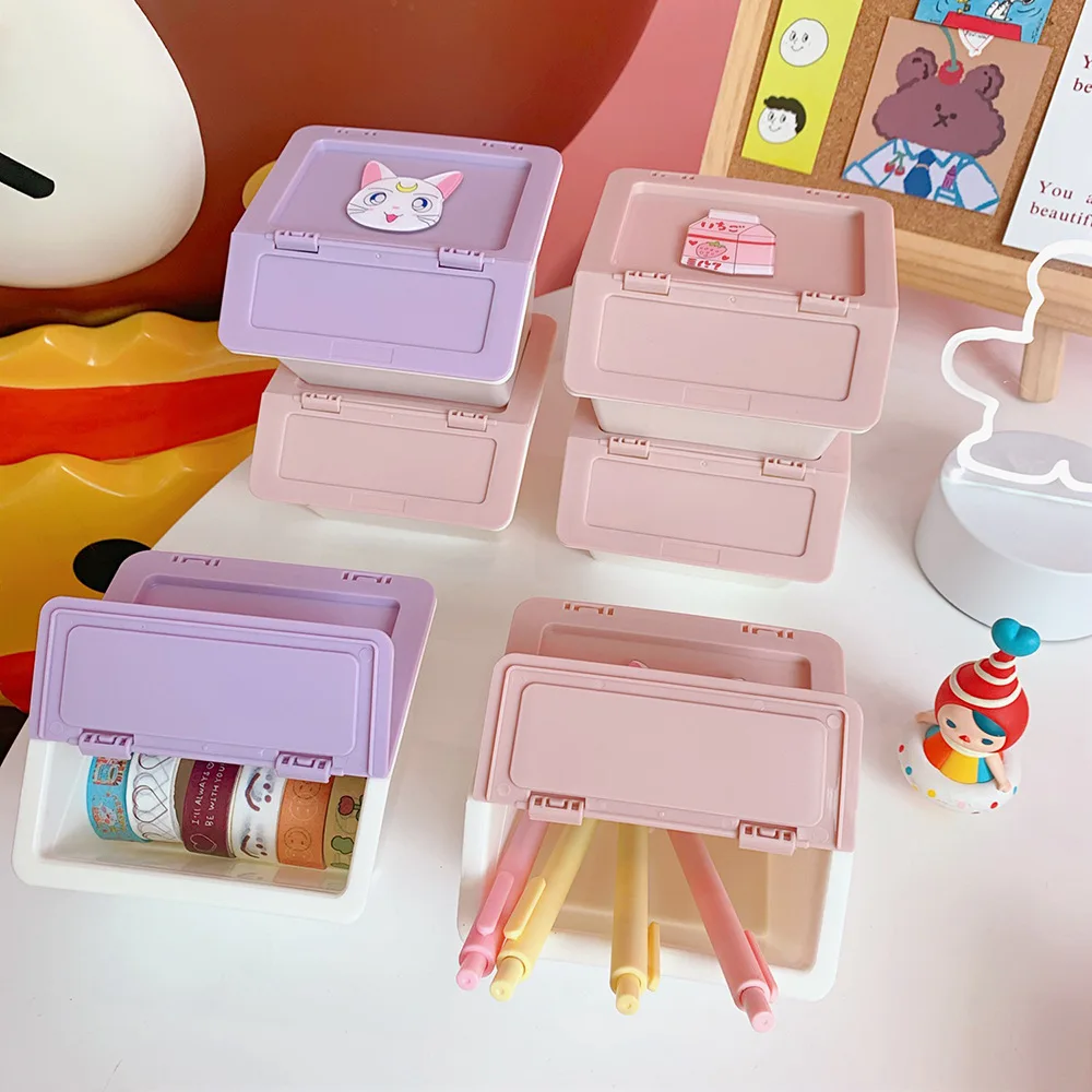 Cute Storage Box with Cover Desktop Stationery Storage Buckets for Girls  Japanese Stationery Organizer Kawaii School Supplies