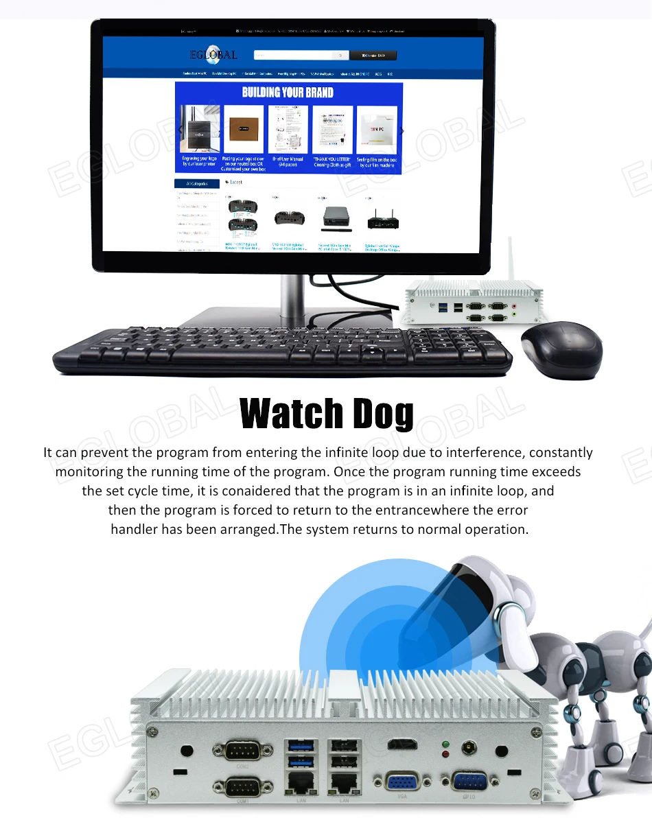 Eglobal Industrial Fanless Mini PC with I5 6300U, I7 10510U, Windows 7/8/10, VPN Router, VGA, HDMI, 4G, WiFi, BT Description Image.