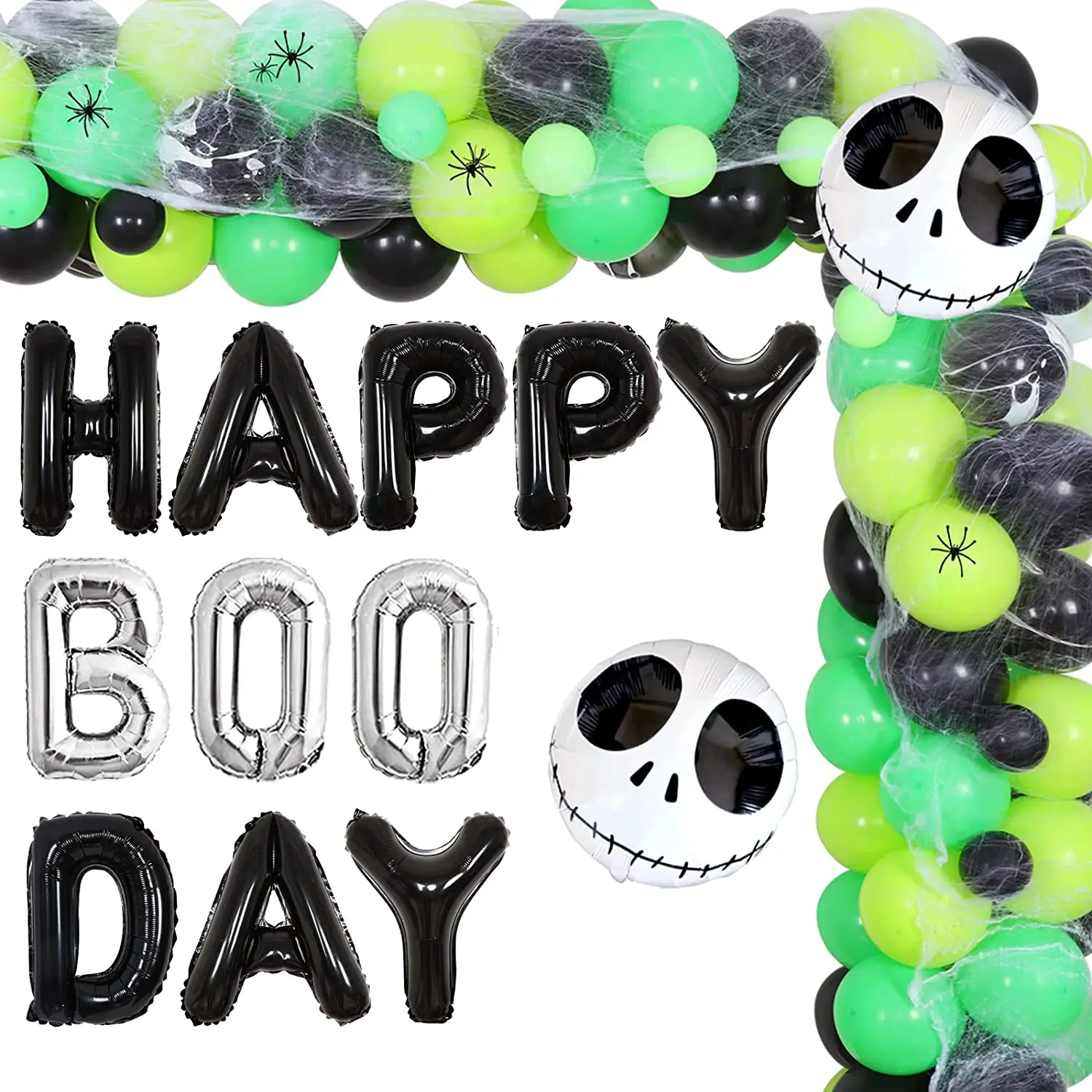 

Funmemoir HAPPY BOO DAY Halloween Birthday Party Decorations for Boys Green Balloon Garland Arch Kit with Spider Web Home Decor