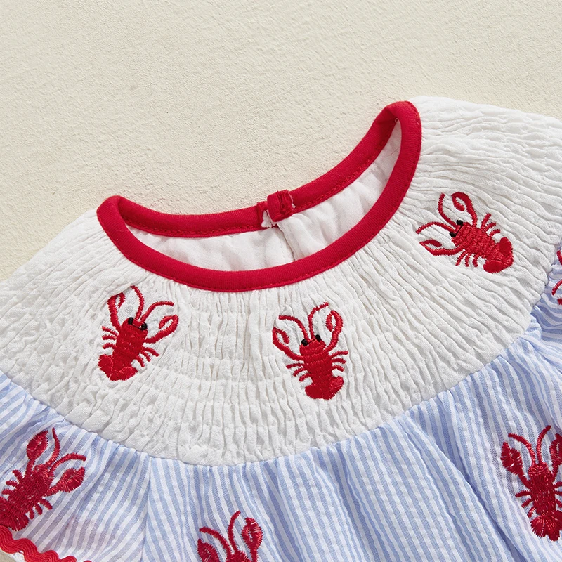 Newborn Infant Baby Girl Smocked Bubble Summer Sleeveless Striped Crawfish Embroidered Romper 5