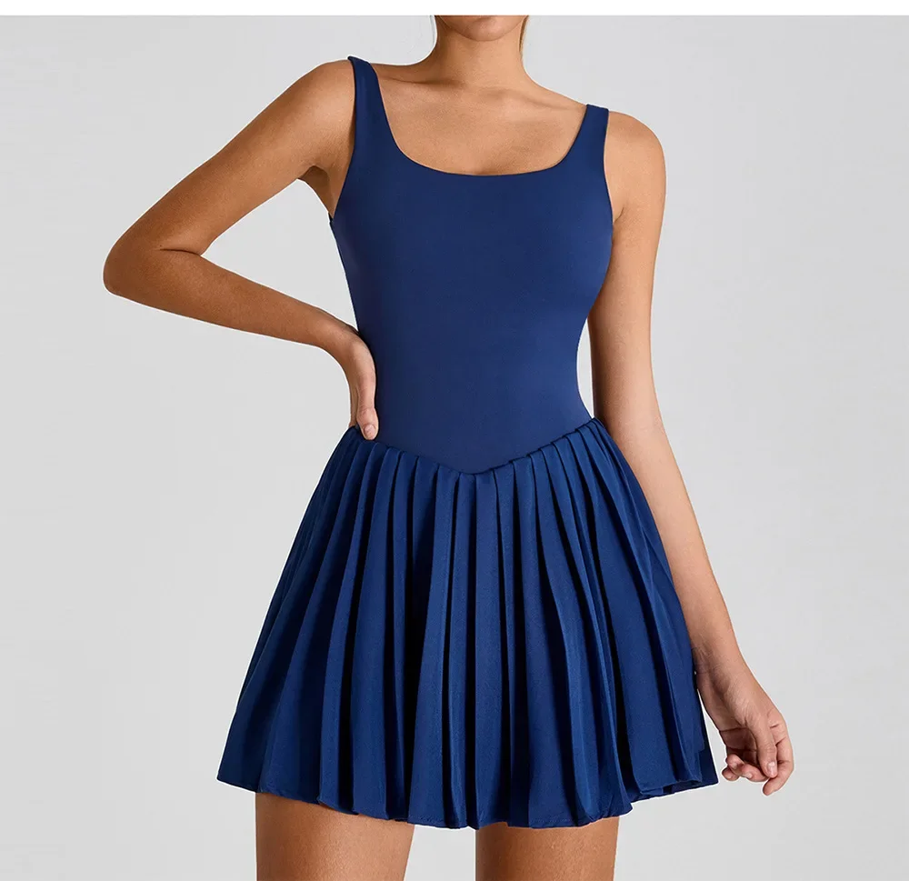 Naked Tennis Dress Hollow Out Backless Women Skirt Jumpsuit Anti Glare Fitness Sports Running Pockets Pleated Skirt Sports Dress