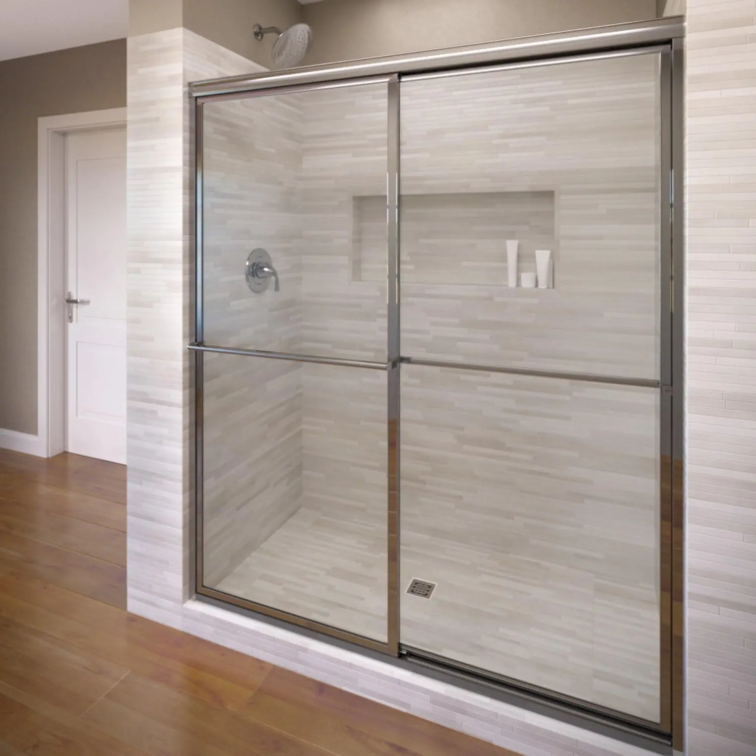 Deluxe Shower Door Silver Distinctive towel bars on the interior and exterior of the door provide added convenience