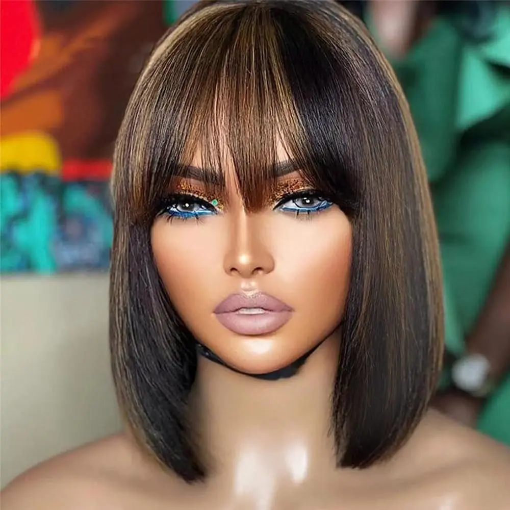 Yaki Straight Short Bob Put On and Go Realistic Glueless with Bangs Minimalist Lace Wig 100% Human Hair Brown Highlight