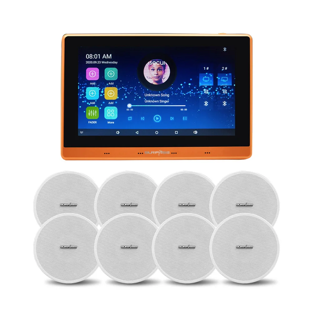 Surpass 8*25W 7 Inch Touch Screen 2 Zone Android Blue Tooth WiFi Smart Home System Wall Amplifier With Ceiling Speak