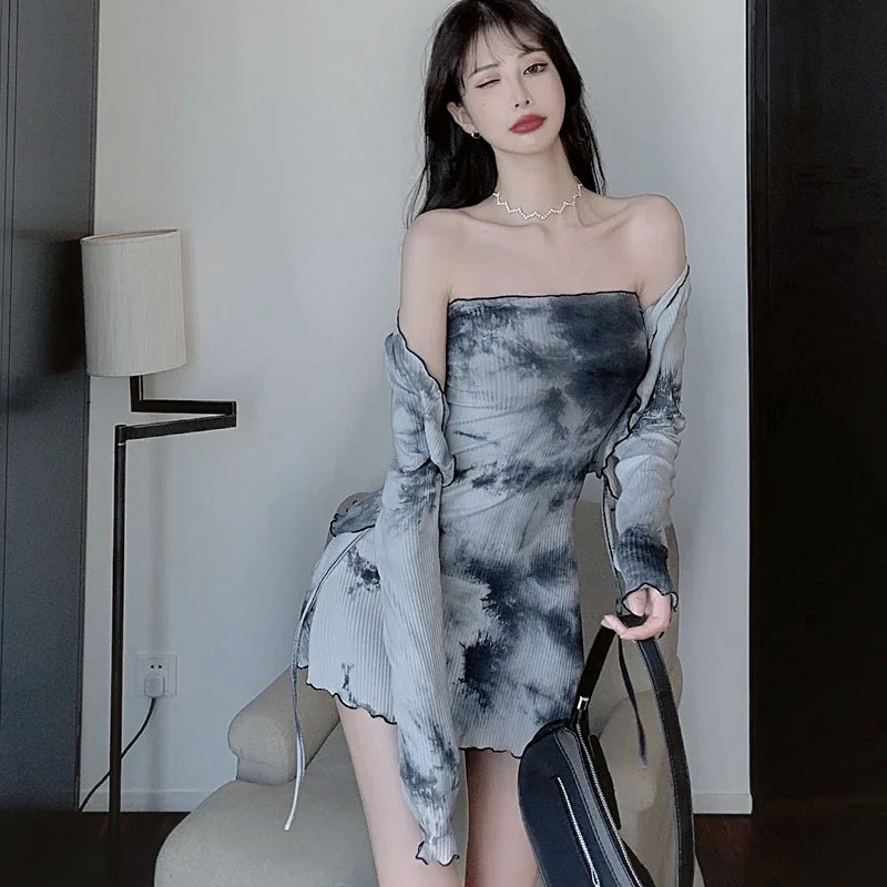 타이다이 디자인 센스 튜브톱 드레스, 여성 패션 가디건 상의, 투피스 수트, 가을, 2 개 세트