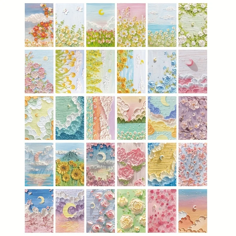 30 oil painting postcards art greeting cards layered art greeting cards Flower and Grass Mountain Butterfly Moon