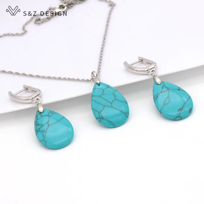 S&Z DESIGN Vintage Water Drop Synthetic Turquoises Dangle Earrings Jewelry Sets For Women Wedding 585 Rose Gold Color Necklace