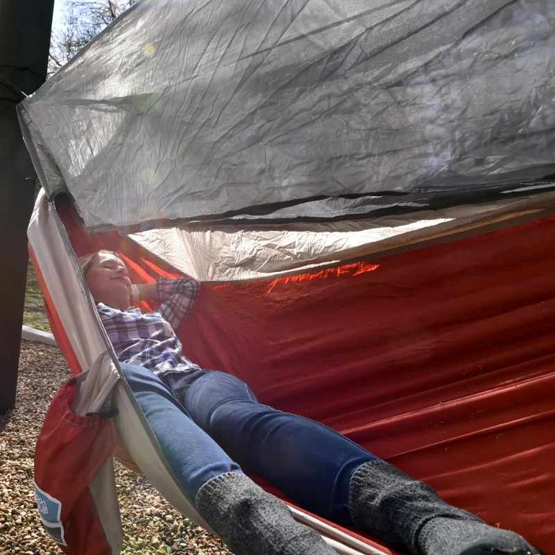 Equip Nylon Mosquito Hammock with Attached Bug Net, 1 Person Red and Taupe, Open Size 115" L x 59" W hammocks 4