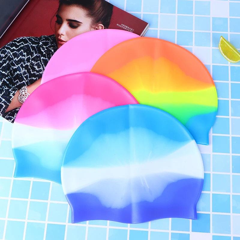 

Women Men Rainbow Colorful Waterproof Silicone Ear Long Hair Protection Swim Pool Swimming Cap Ladies Swimwear Hats For Adults