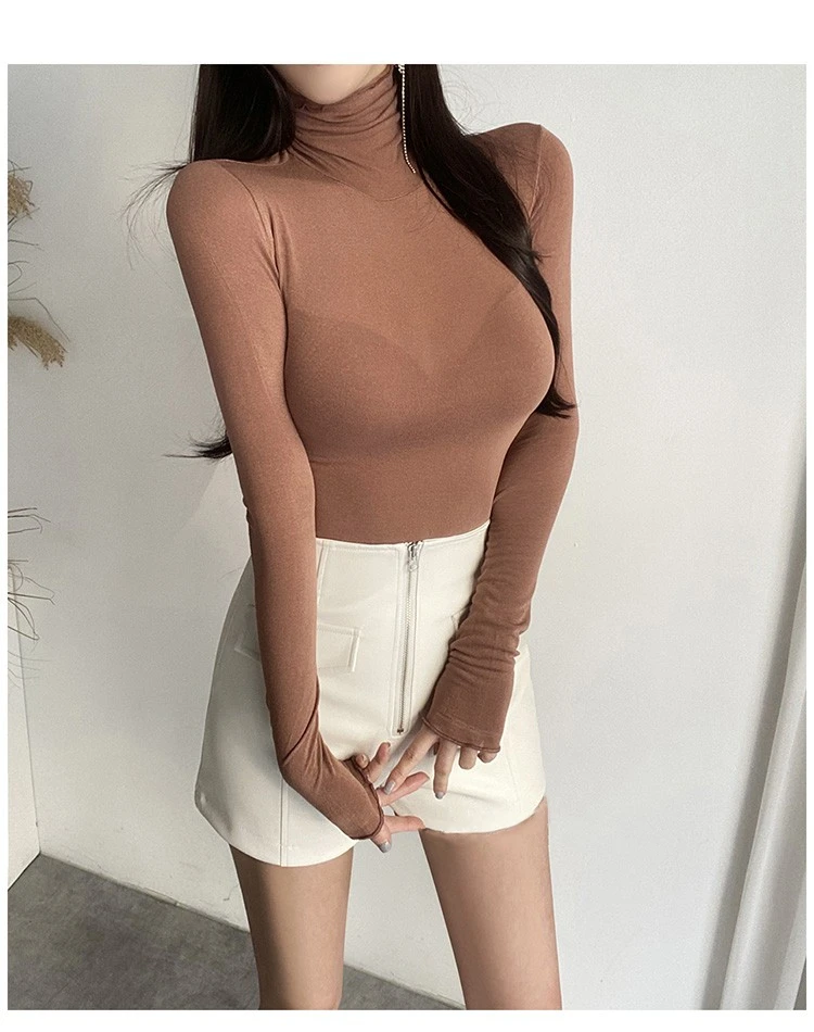 Klassische Feste Lange Hülse Dünne T-shirt Frauen Frühling Dünne Bequeme Rollkragen T-shirts Sexy Vielseitig Rüschen Rand Basis Schicht Top – Detail 23