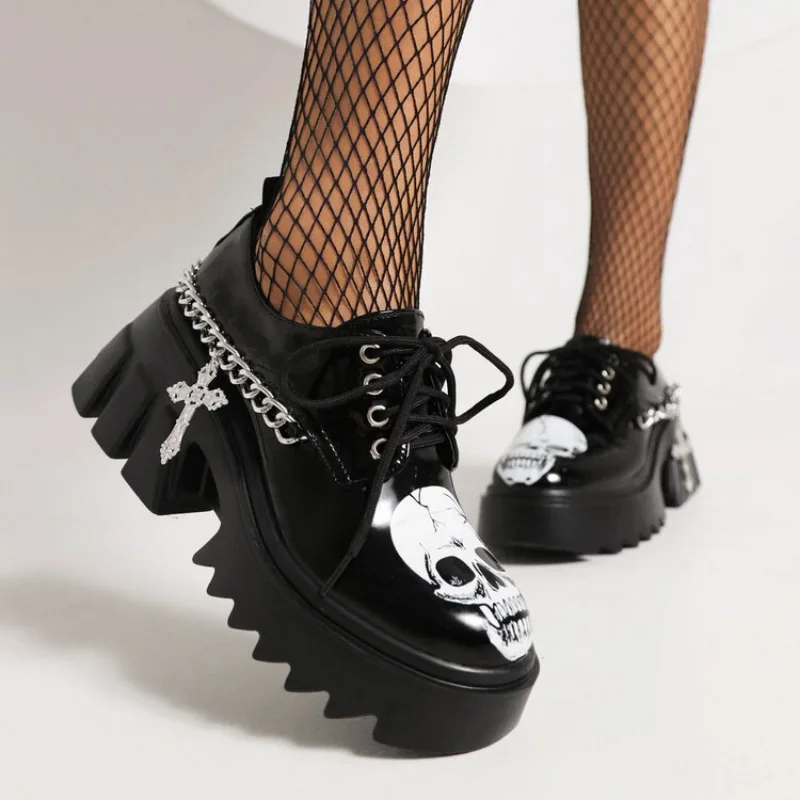 

Platform Chunky Heel Gothic Pumps Women Heeled Shoes Skull Motorcycle Metal Chain Shoes Lace Up Sneakers Big Size 43