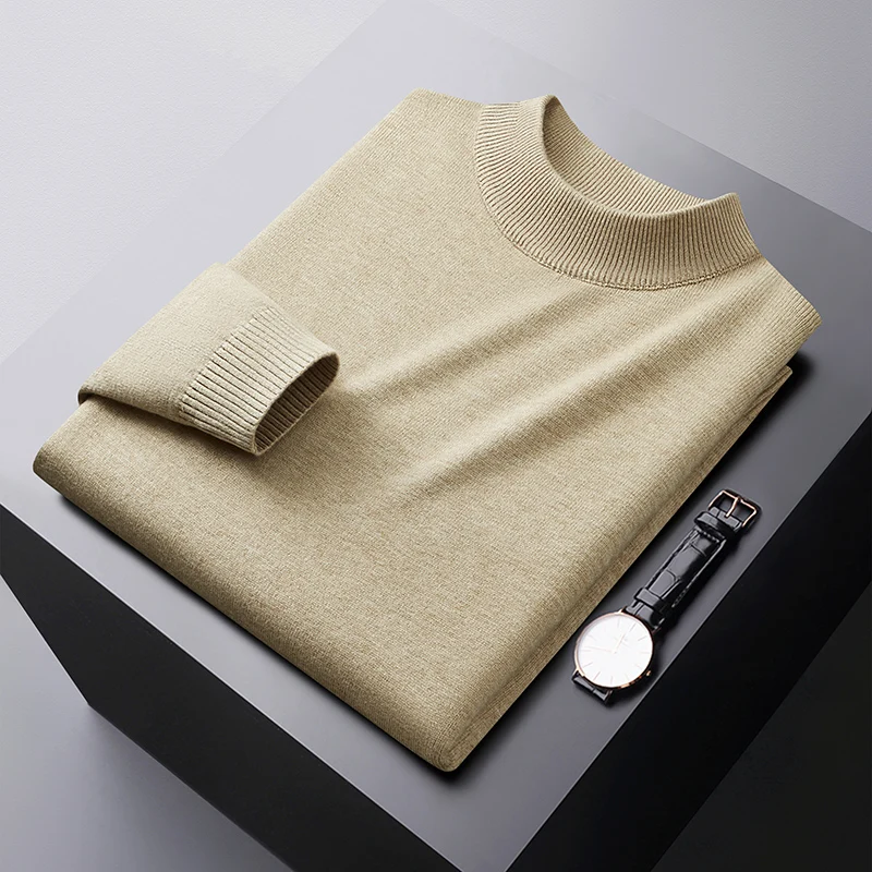 Winter warm sweater men's high-end simple all-matching slim fit stretch cold-resistant casual solid color round neck sweater 2