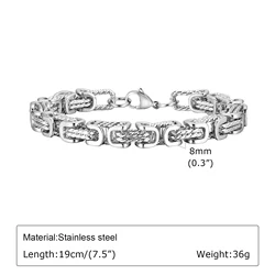 Chunky Byzantine Men's Bracelet - Retro Grey 8mm Stainless Steel Braided Link Wristband, Vintage Jewelry Gift - 21cm (Silver)