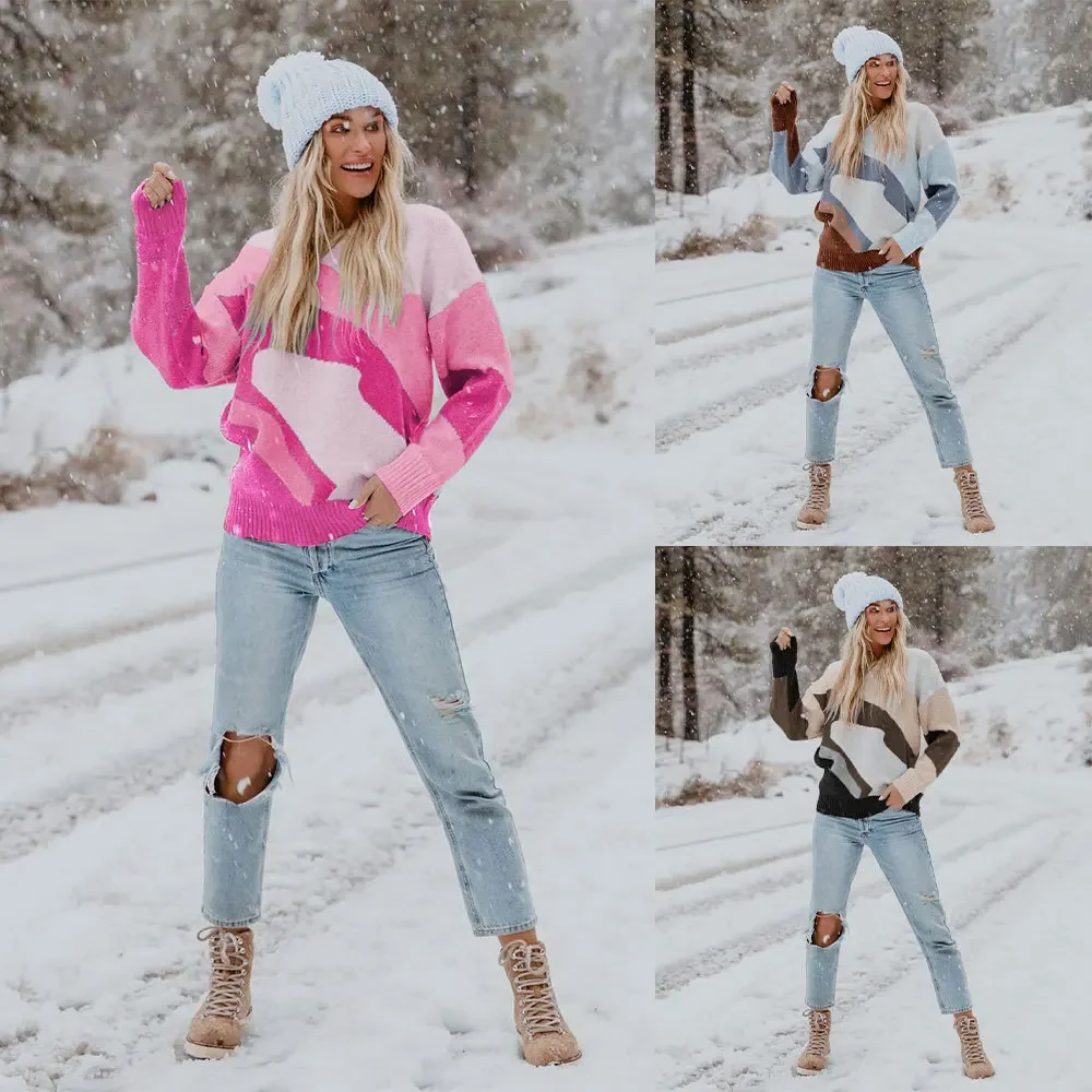

Vintage Long Sleeved Sweaters Women Casual Fashion Patchwork Sweater O-neck New Autumn/Winter Loose Pullover Clothing