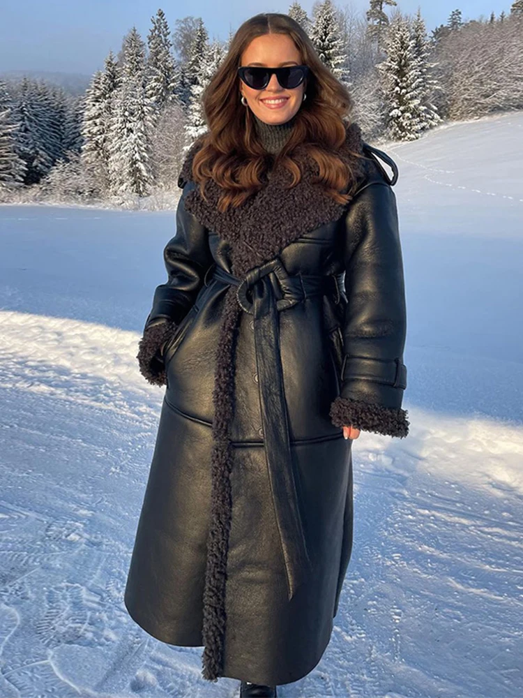 Fashion Retro Leather Women's Coat Winter Warm Thicken Plush Lining Windproof Long Coats Casual Loose Turndown Collar Outerwears