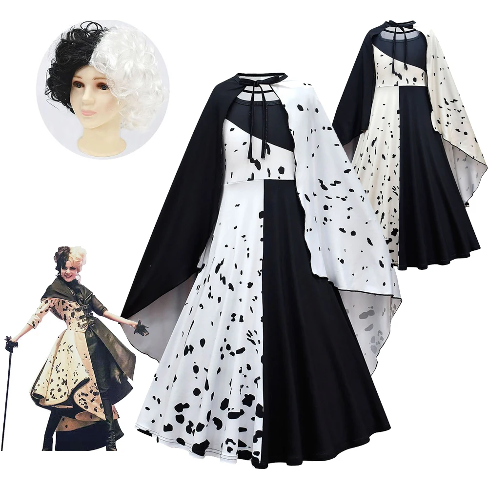 Costumi Cosplay Ampolla Per Bambini Masquerade Party Girls Nero Bianco Abito Lungo Con Cape Carnival Kids Cruella Wig Halloween