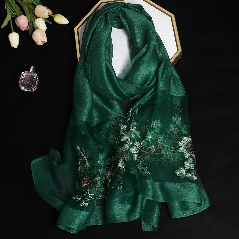 2024 Luxury Silk Shawl Scarf for Women Design Embroidery Flowers Hijab Wraps Bufandas Female Headkerchief Fouloud Echarpe 2