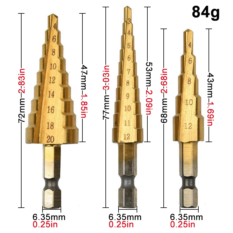 Step Drill Bit Set 3PC Titanium Plated 3-12/4-12/4-20mm Hexagonal Handle