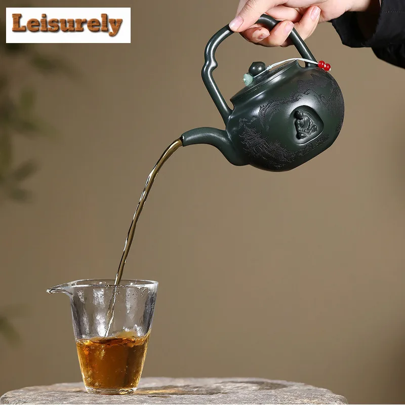 420ml Luxury Yixing Purple Clay Teapots Handmade Lifting Handle Pot Raw Ore Blackish Green Mud Tea Making Kettle Zisha Tea Set