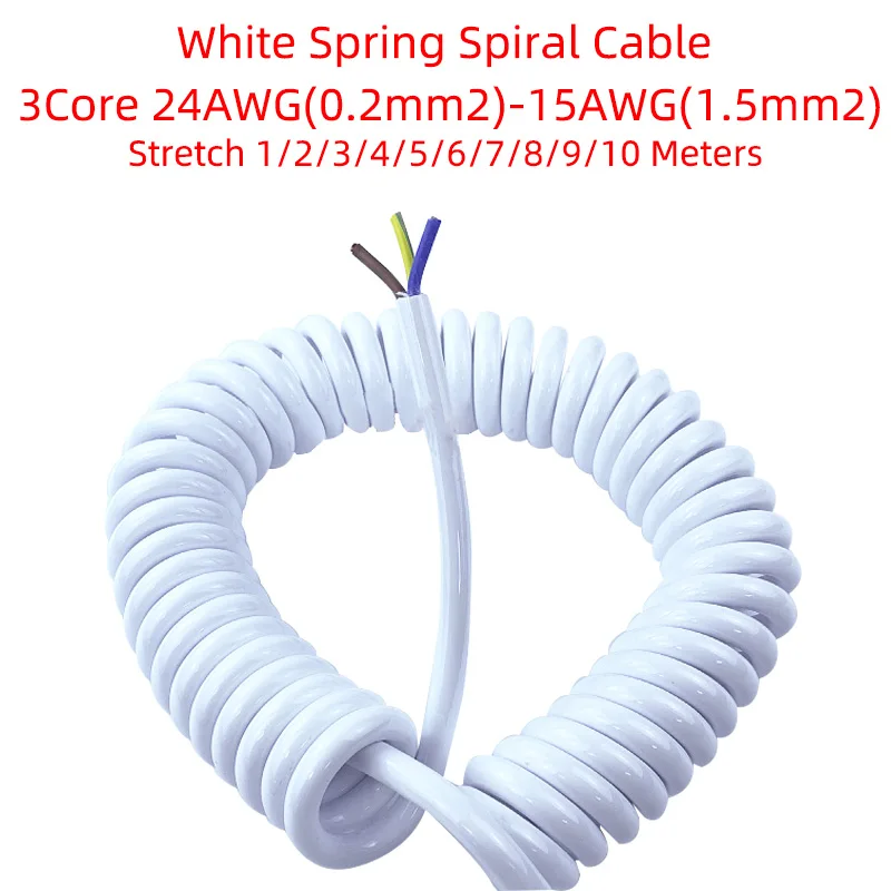 Primavera Cabo Espiral Fio Esticável Encolhível Telescópico 3core 24 Awg 22 Awg 20 Awg 18 Awg 17 Awg 15awg m a 10 m Branco